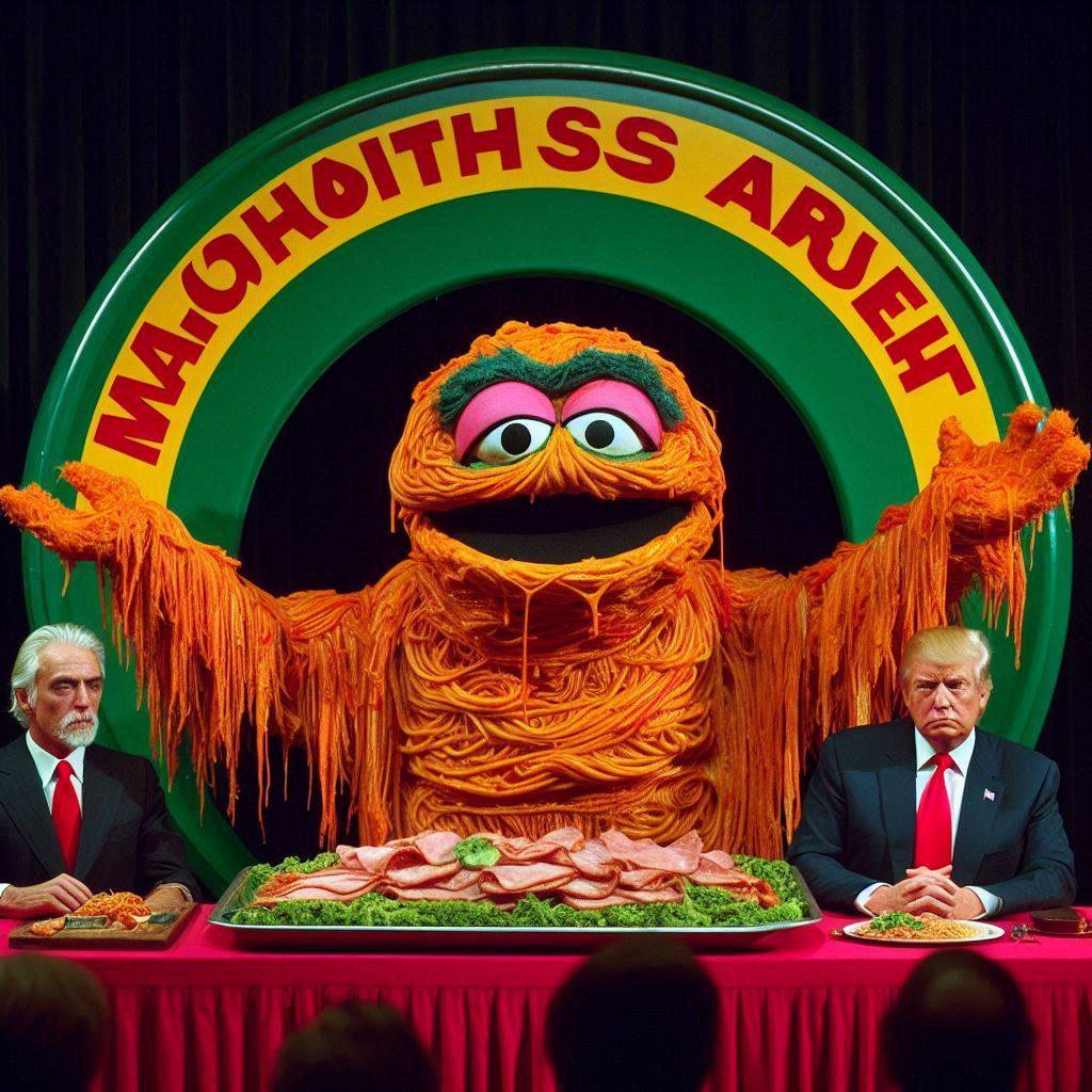 PASTA MONSTER FEASTING ON POLITICAL DISASTER