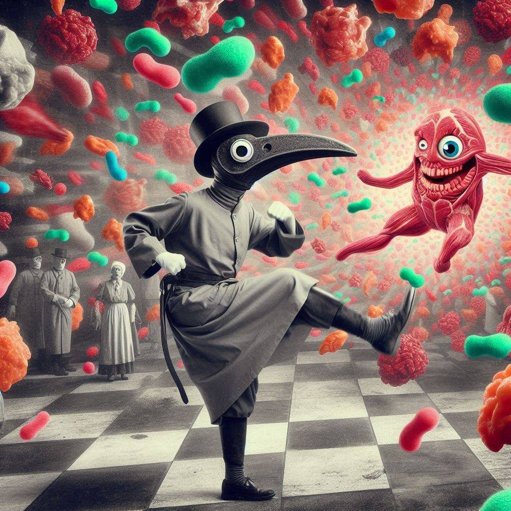 PLAGUE DOCTOR KICKING GERMS IN THE FACE