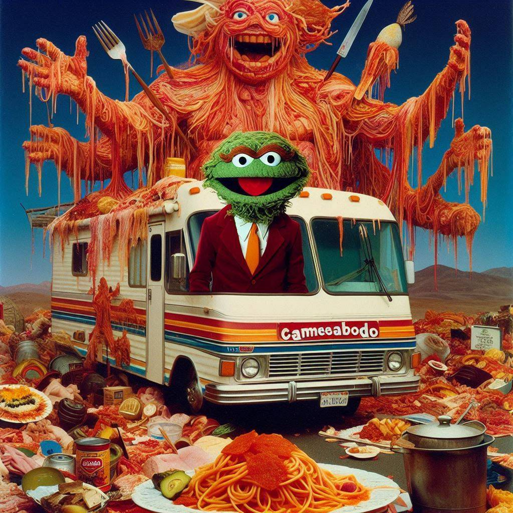 PASTA MONSTER EATING THE WORLD'S GARBAGE