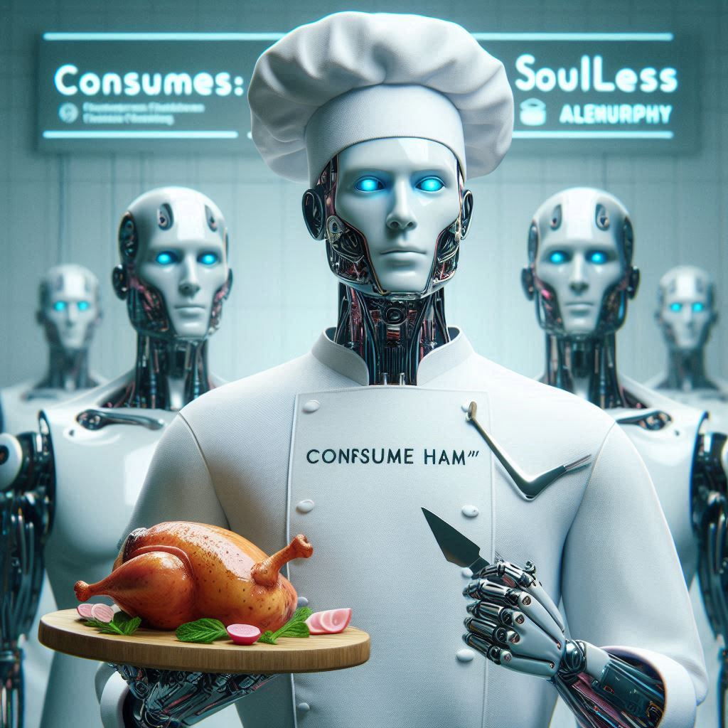 ROBOT CHEF SERVING SOULLESS MEAT DISHES