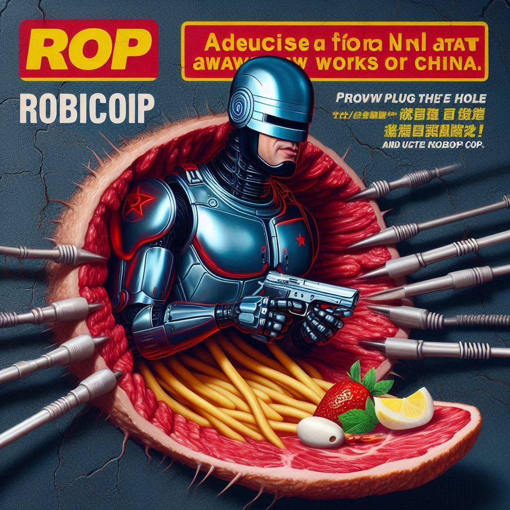 ROBOT COP STUFFED WITH PASTA AND FRUIT