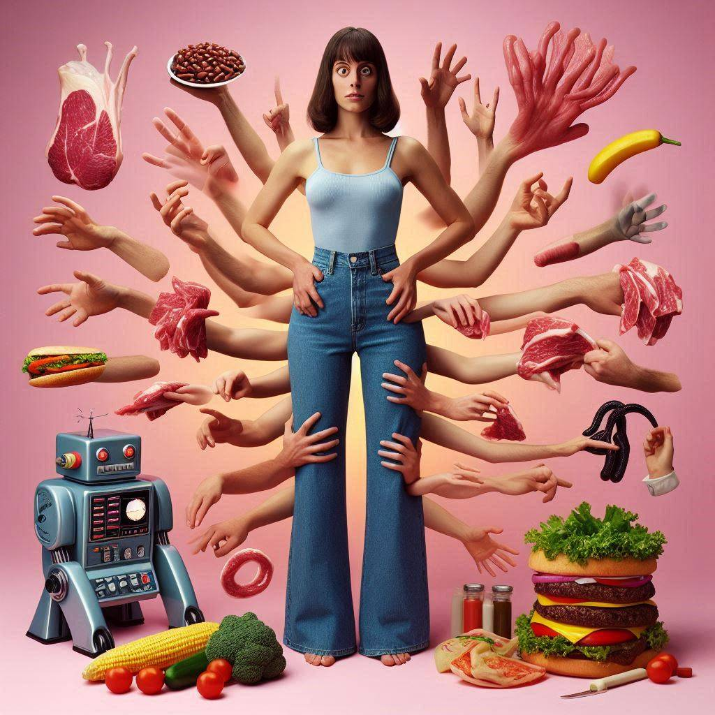 HANDS SHOVING MEAT INTO A HUMAN MACHINE