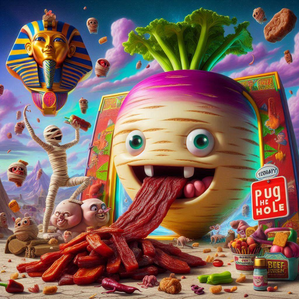 VEGETABLES VOMITING CANDY INTO A MUMMY'S MOUTH