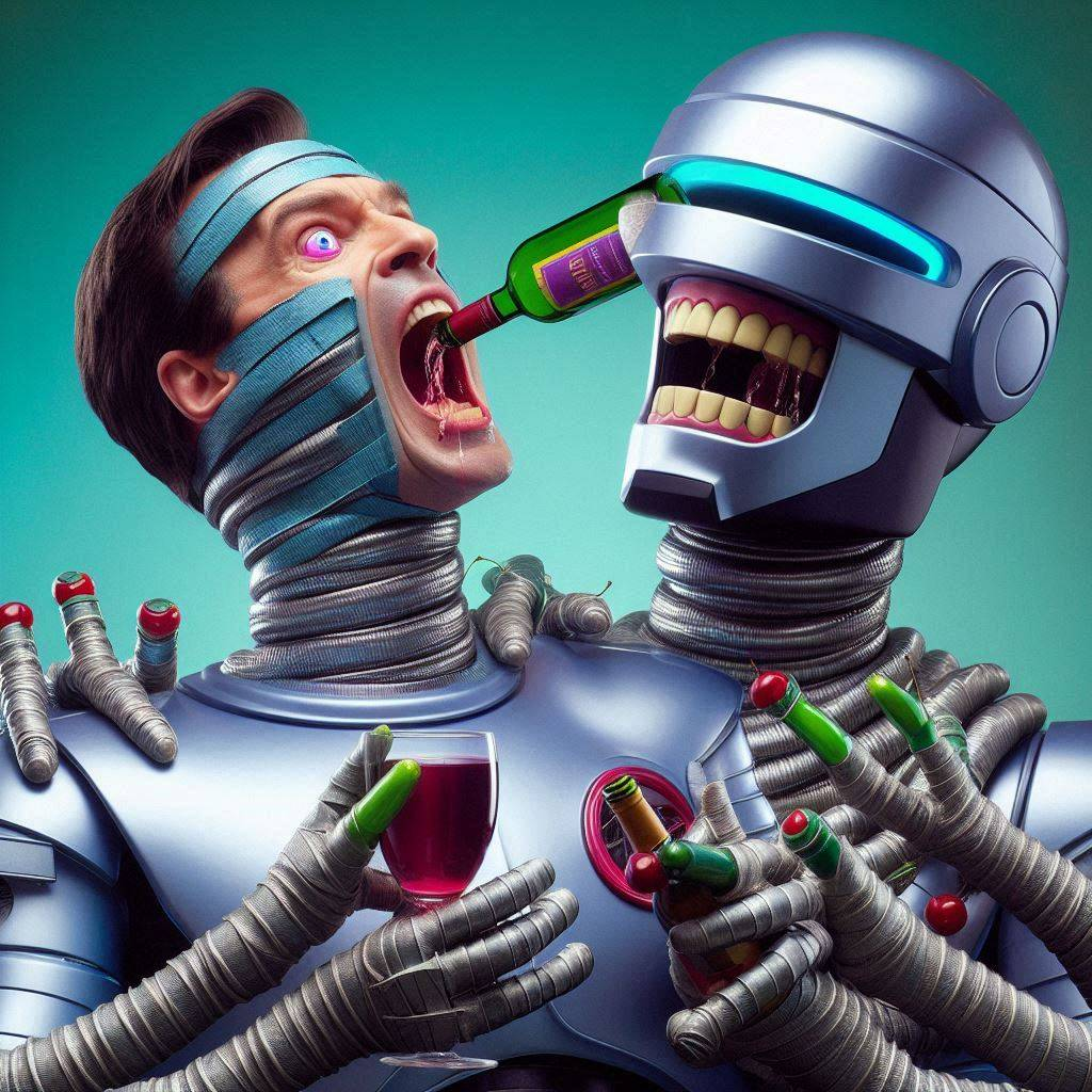 ROBOTS SHOVING BOOZE DOWN HUMAN THROATS