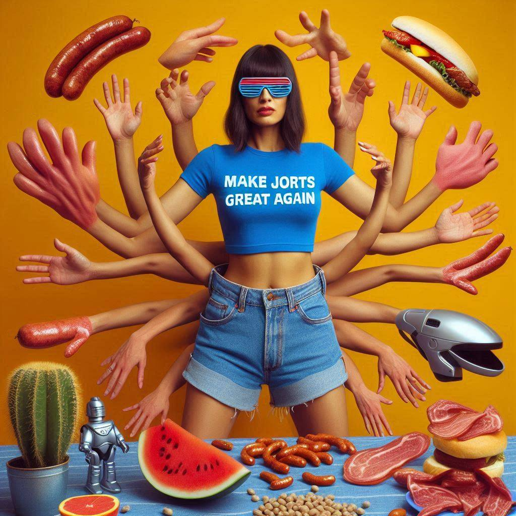 HANDS SHOVING FOOD INTO A JORTS BLACK HOLE