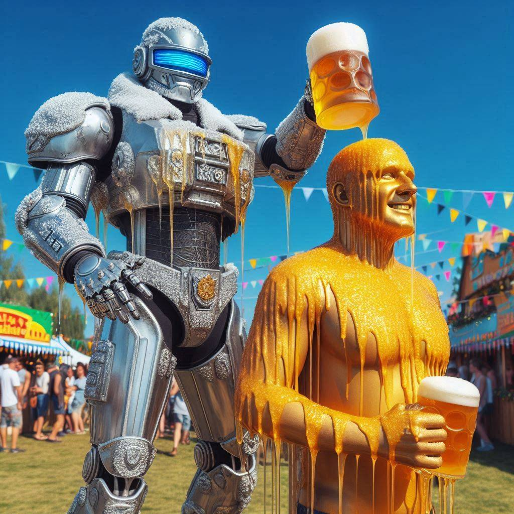 ROBOT PISSING BEER ON A GOLDEN MAN