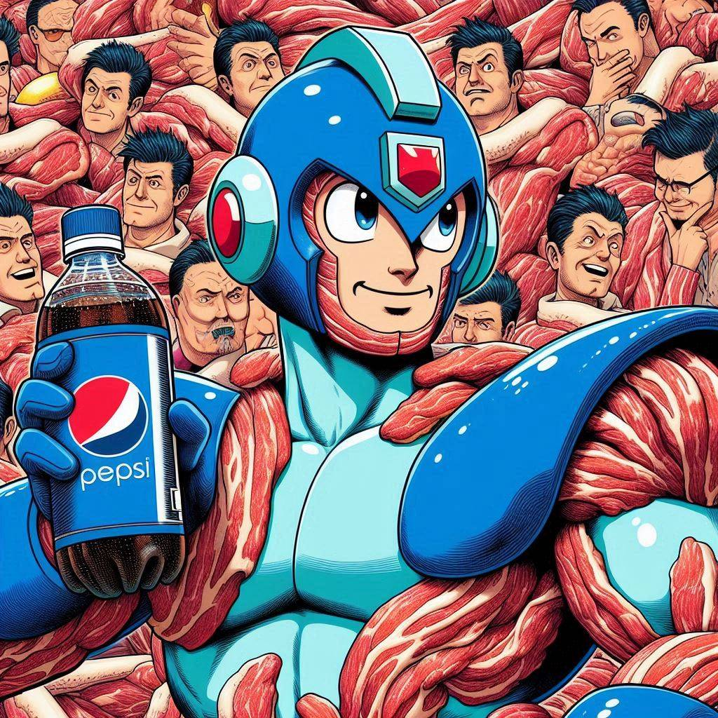 MEATY HEROES DRINKING SODA FROM FLESHY ARMS