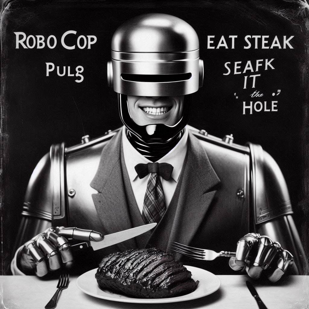 ROBOCOP SERVING MEAT ON A SILVER PLATTER