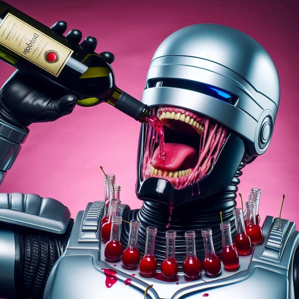 ROBOT GULPING WINE LIKE A BLOODTHIRSTY BEAST