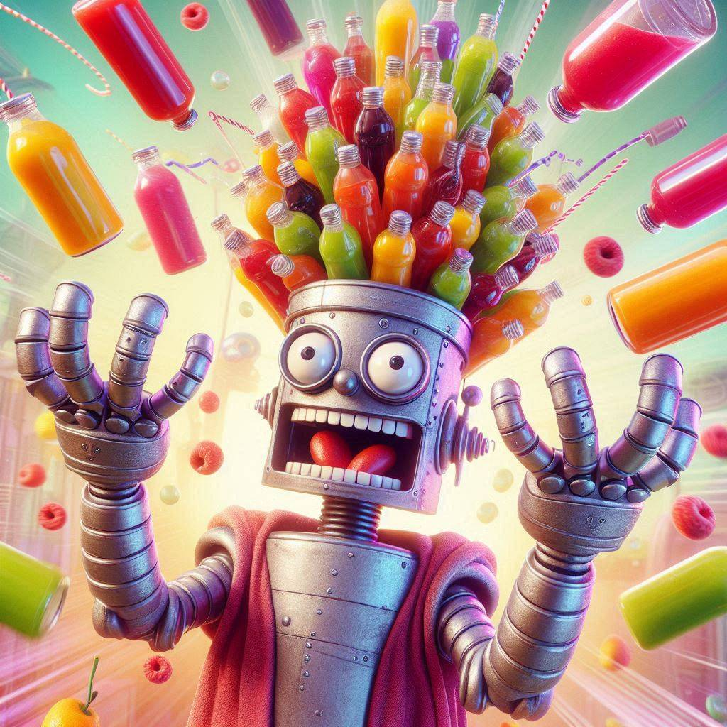 ROBOT HEAD EXPLODING WITH SODA FOUNTAINS