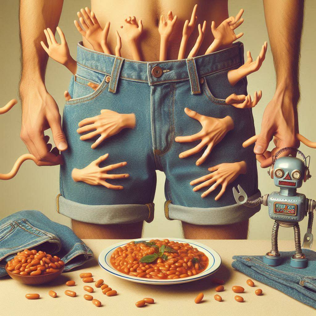 HANDS FISTING BEANS FROM A MAN'S PANTS