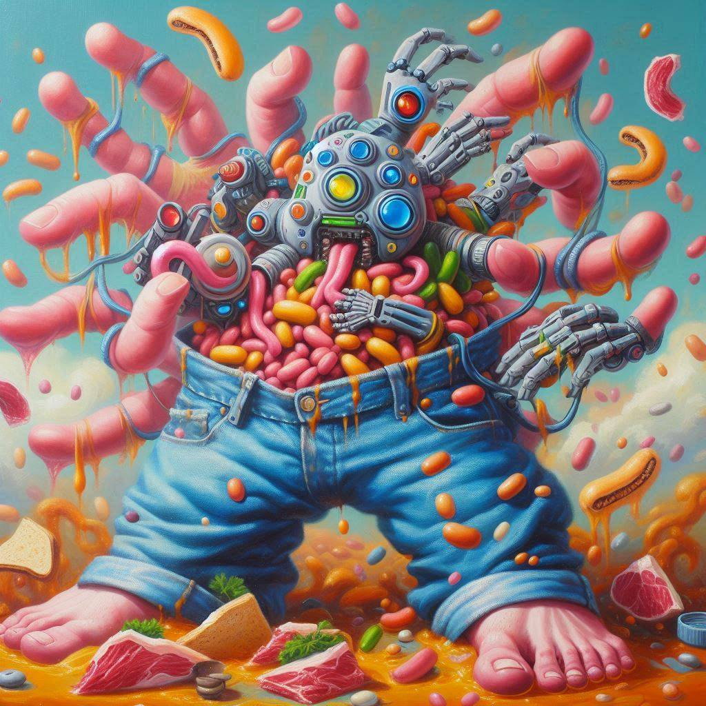 FLESHY ROBOT SPILLING GUTS AND GUMMY BEARS