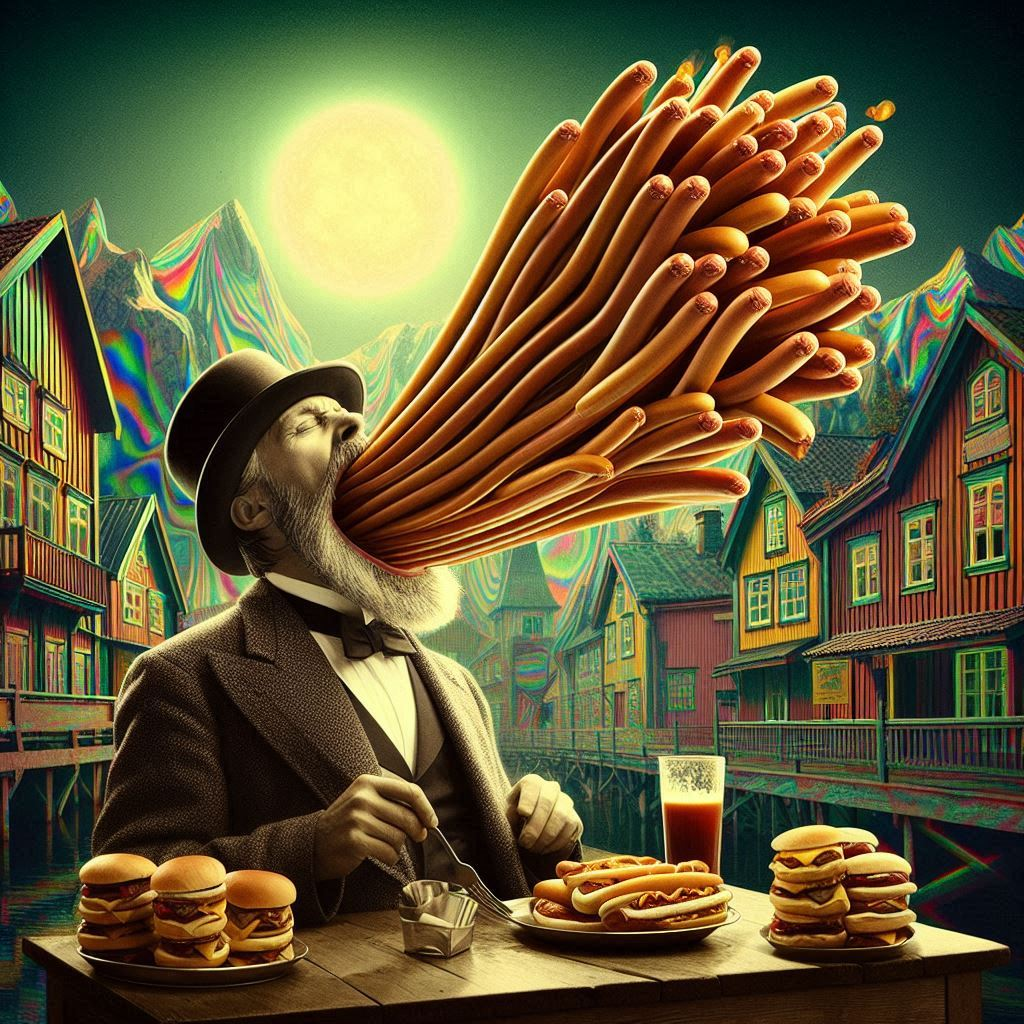MAN VOMITING SAUSAGES LIKE A GLUTTONOUS FOUNTAIN