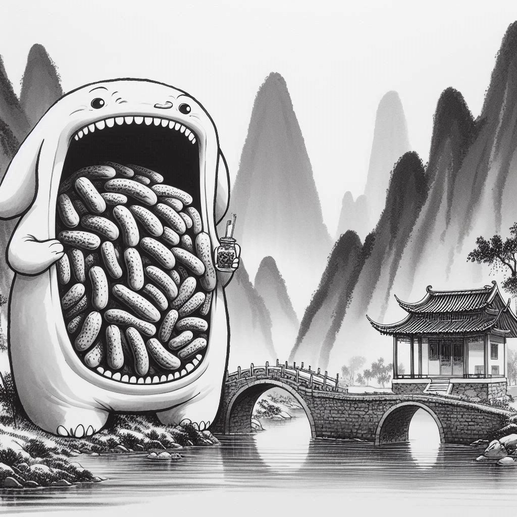 MONSTER VOMITING PICKLES INTO A PEACEFUL LANDSCAPE