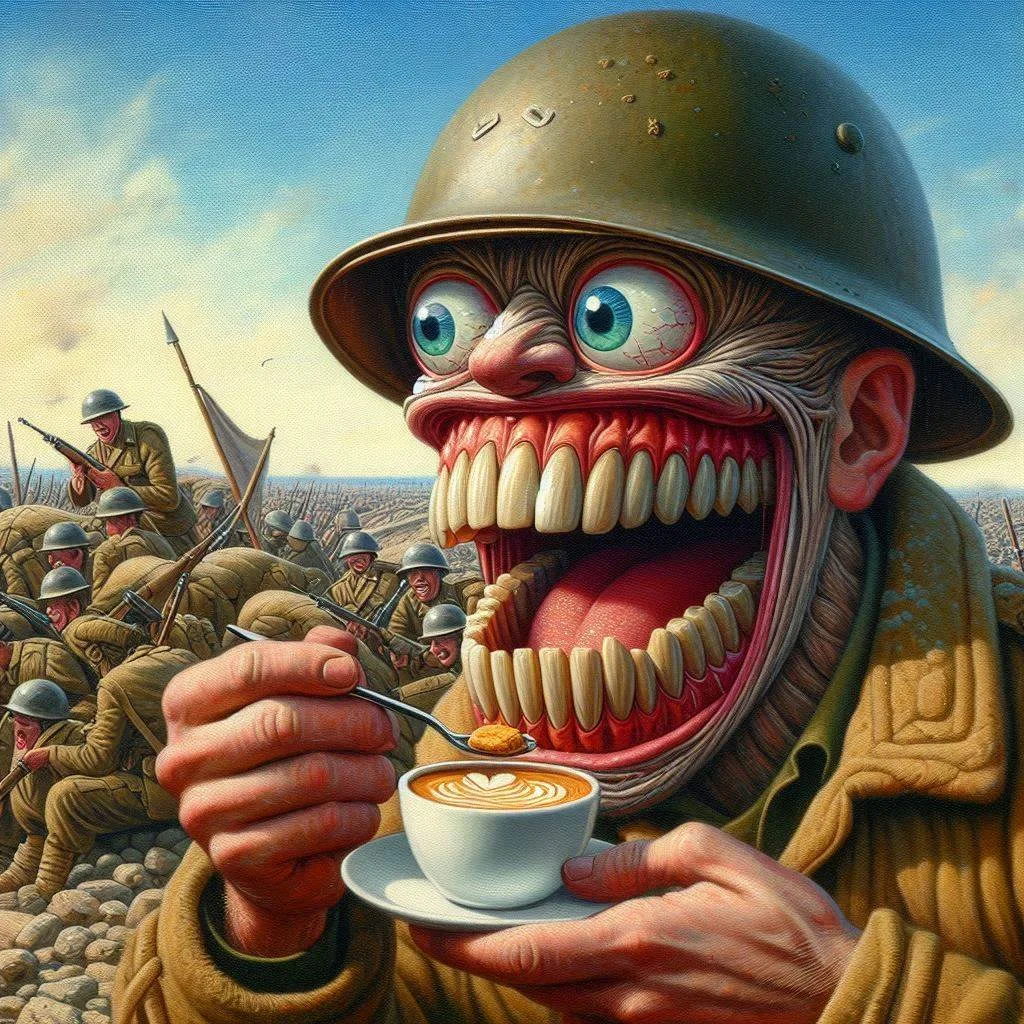 SOLDIERS SIPPING TEARS FROM A CEREAL BOWL