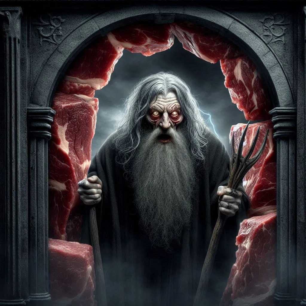 WIZARD SERVING MEAT ON A BLOODY PLATTER