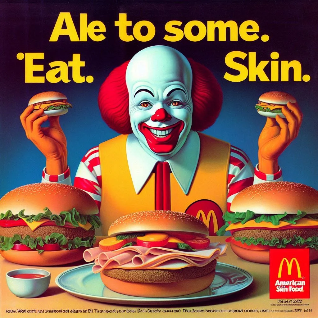 CLOWN SERVING FLESHY BURGERS ON A PLATE