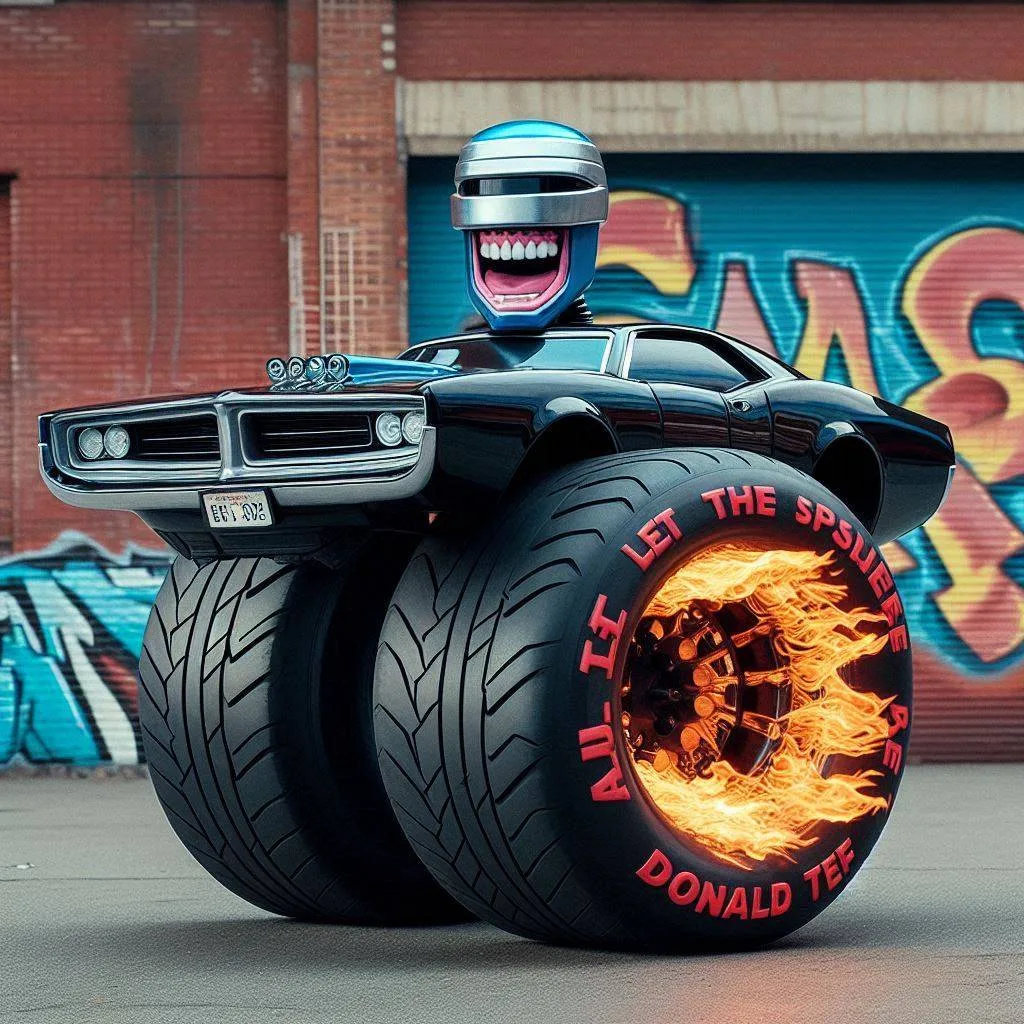 CARS WITH MOUTHS SCREAMING ON BURNING TIRES