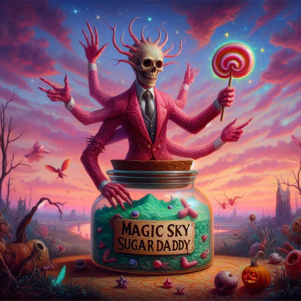 SKELETON DADDY SERVING CANDY FROM HELL'S JAR