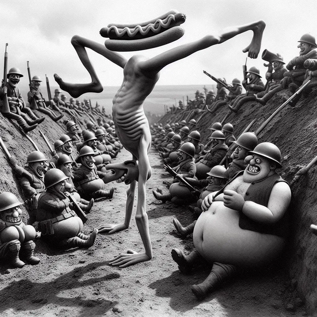 SOLDIERS SHOVELING SHIT INTO A HOTDOG CANNON