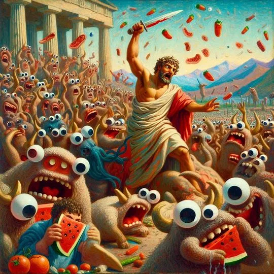 GODS SLASHING FRUIT IN A MONSTER MASHUP