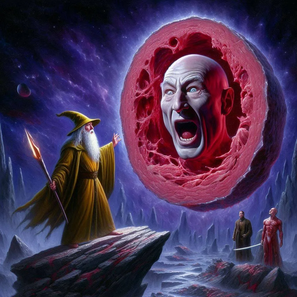 WIZARD SCREAMING AT A BLOODY FACE IN SPACE