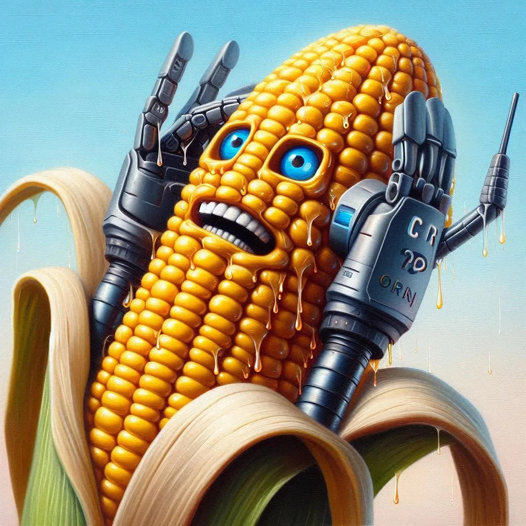 CORN WITH ROBOT HANDS CUMMING IN THE SUN