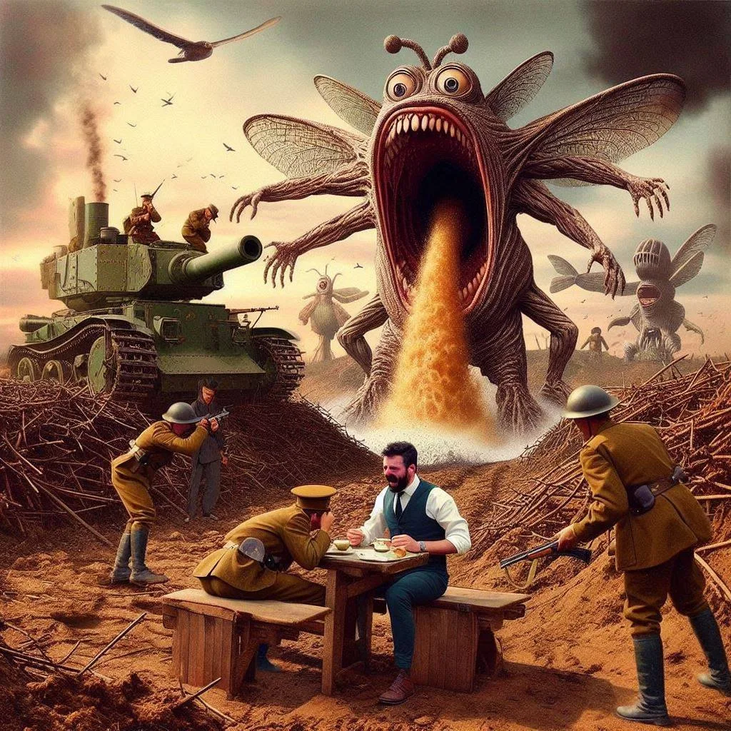 MONSTER VOMITING WAR'S FURY ON DINING MEN