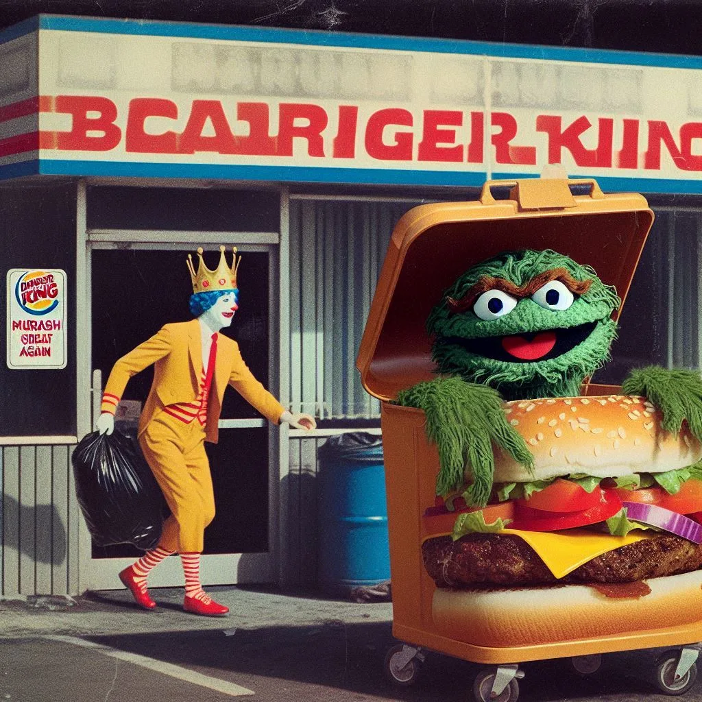 CLOWNS SHOVING GARBAGE INTO BURGER BOXES