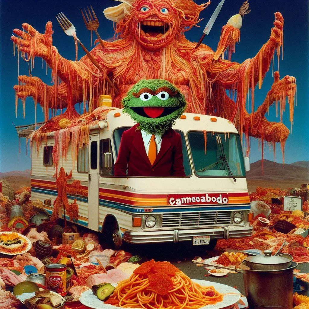 PASTA MONSTER EATING THE WORLD'S GARBAGE