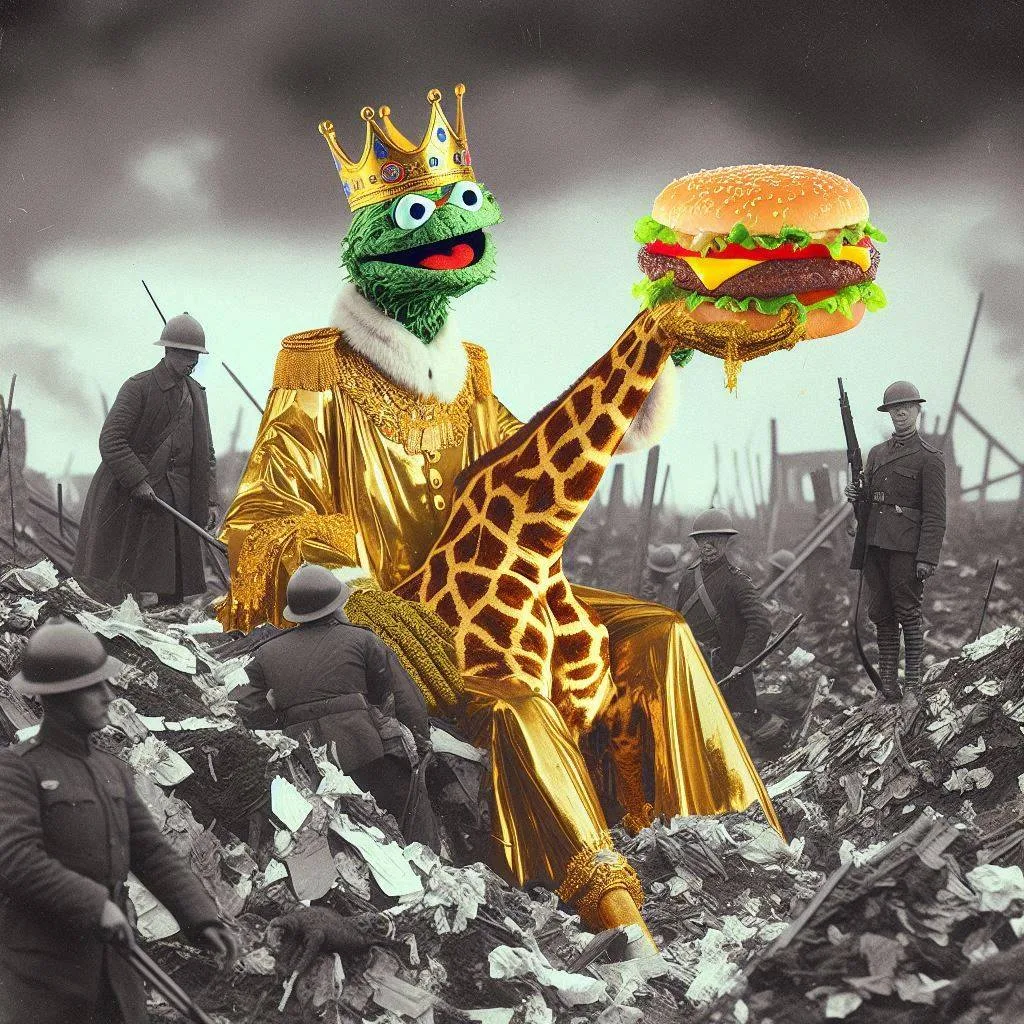 KING OF TRASH SERVING BURGER ON A GIRAFFE'S ARM