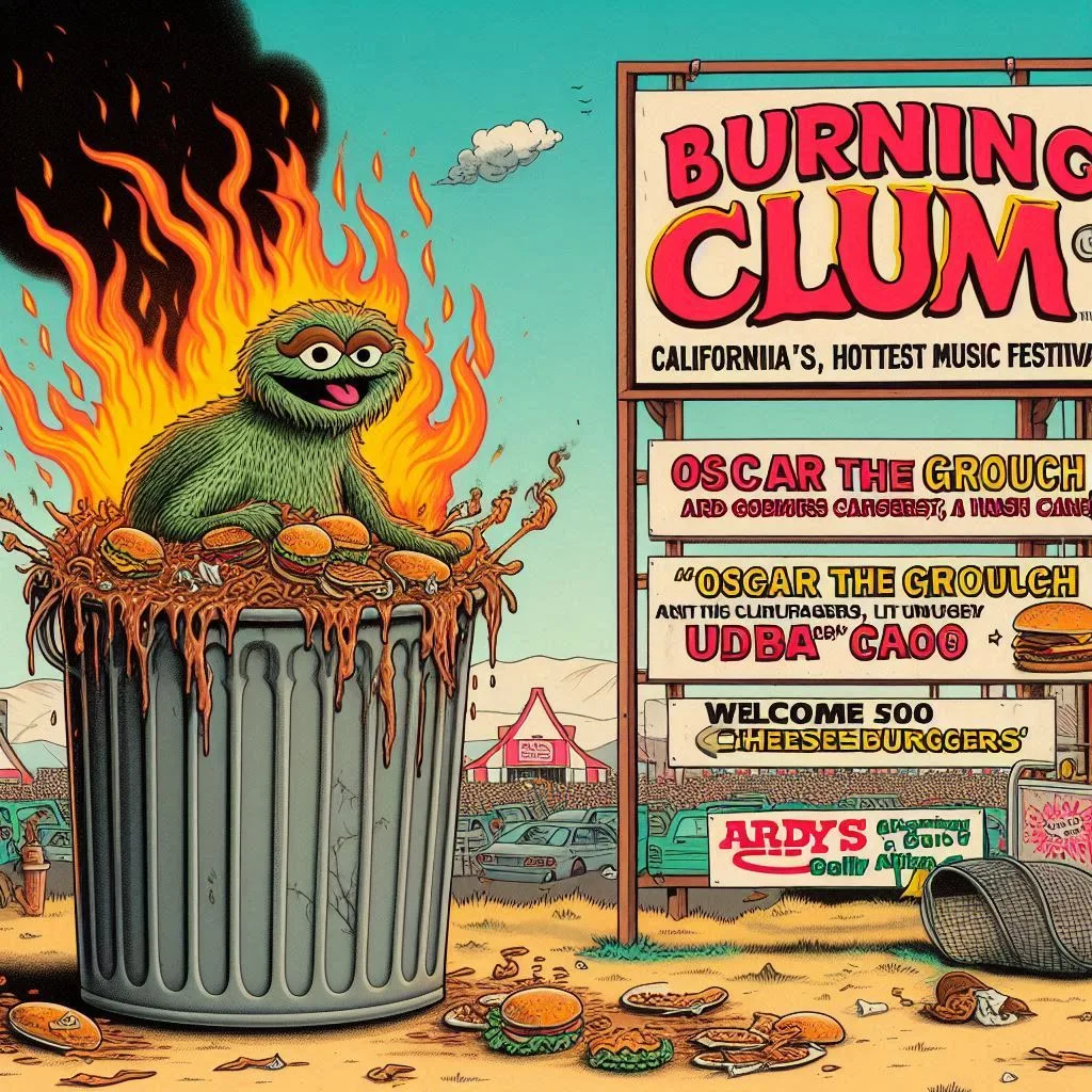 GARBAGE MONSTER SPITTING FLAMES AND BURGERS