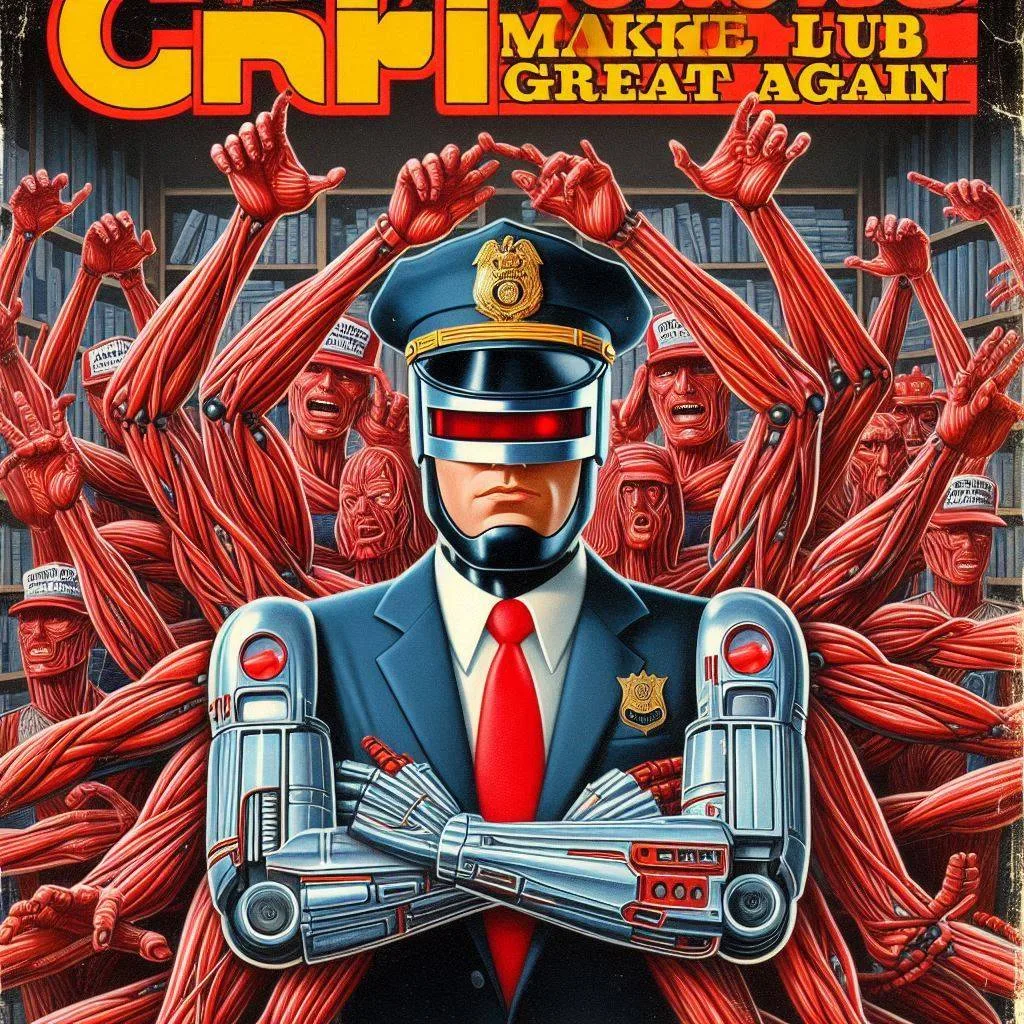 ROBOT COP CRUSHING FLESHY REBELS IN A BLOODY HUG