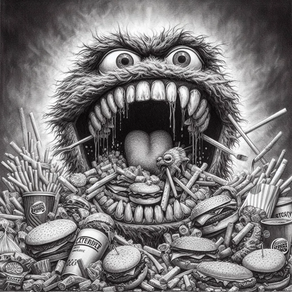 MONSTER GORGING ON GARBAGE LIKE A GLUTTONOUS BEAST