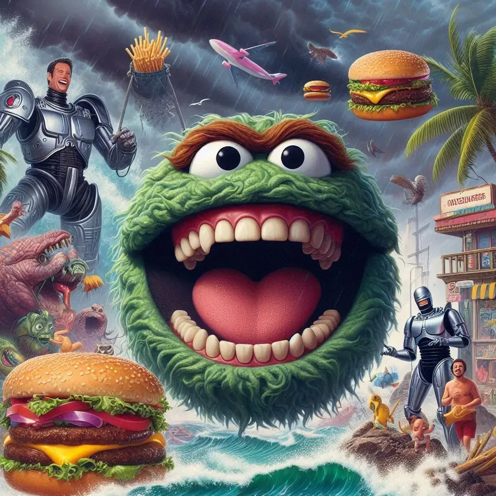 MONSTERS EATING HAMBURGERS IN A WAVE OF CHAOS