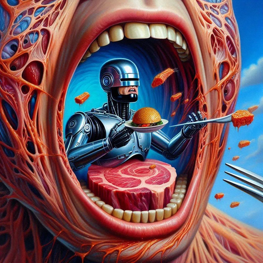 ROBOT SERVING MEAT IN A GUTS CARNIVAL