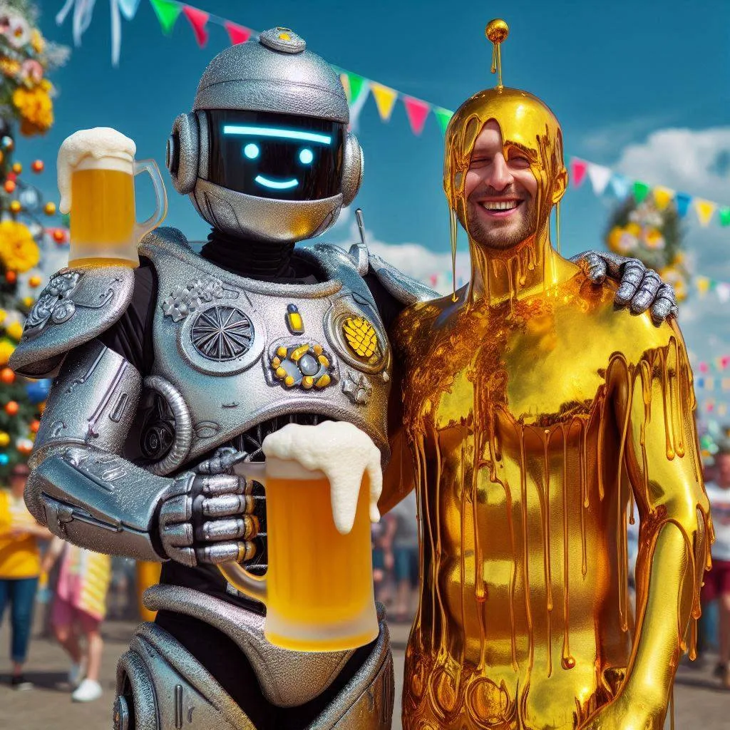 ROBOTS AND MEN DRIPPING WITH BEER AND GOLD