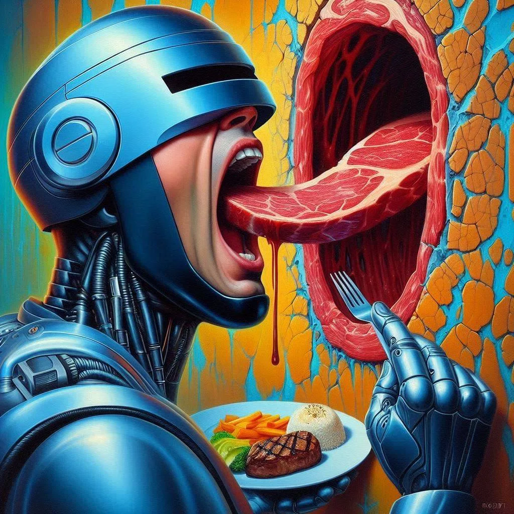 ROBOT DEVOURING MEAT FROM ITS OWN GUTS