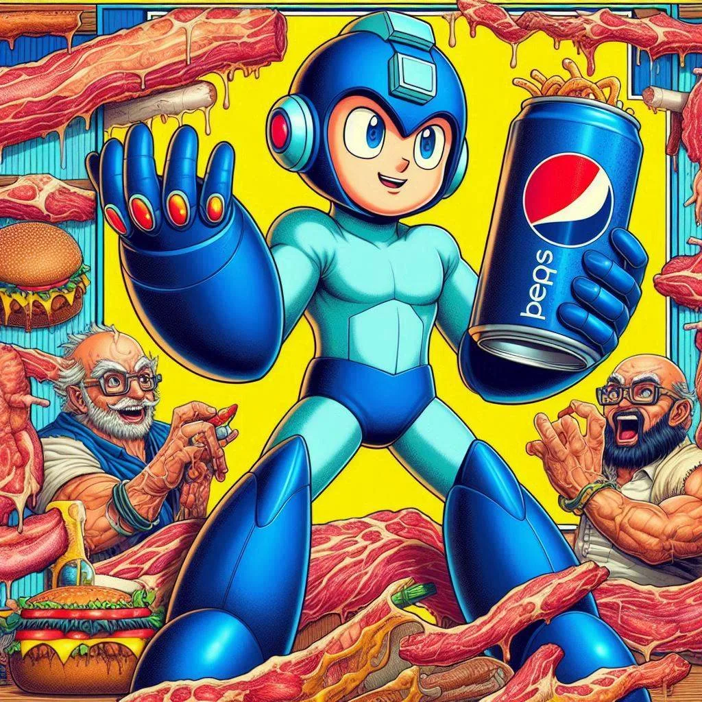ROBOT CHUGGING SODA IN A MEAT LANDSCAPE