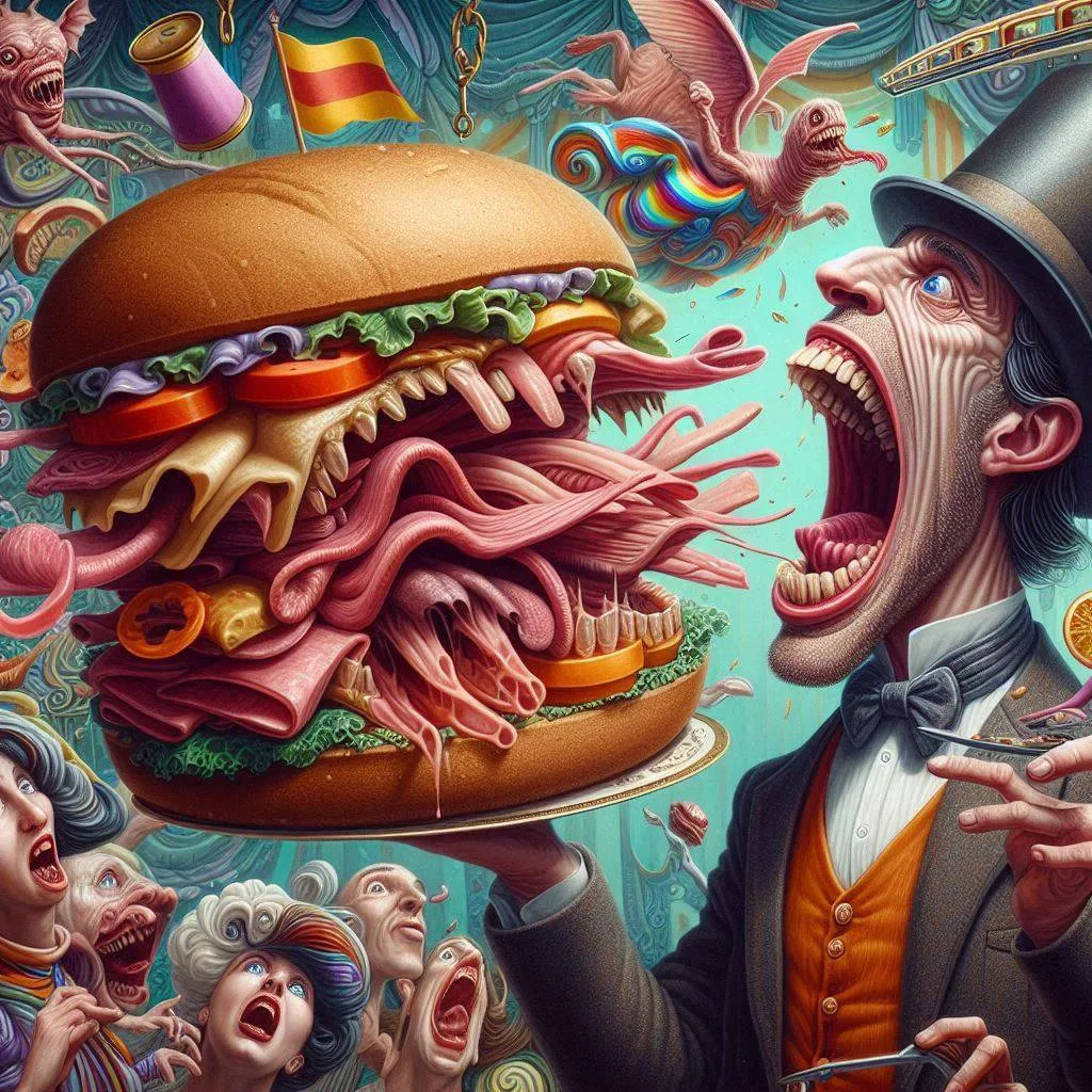 BURGER EXPLODING WITH MEATY NIGHTMARES
