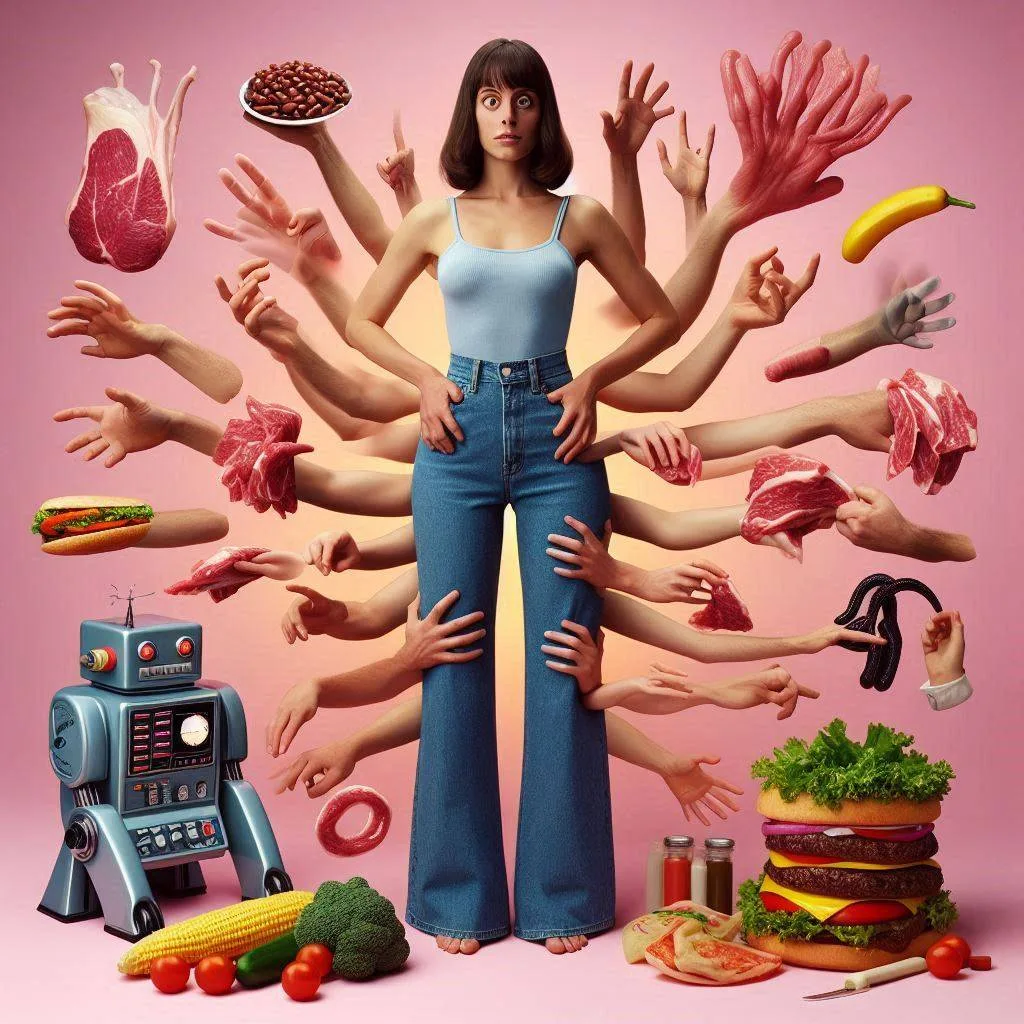 HANDS SHOVING MEAT INTO A HUMAN MACHINE