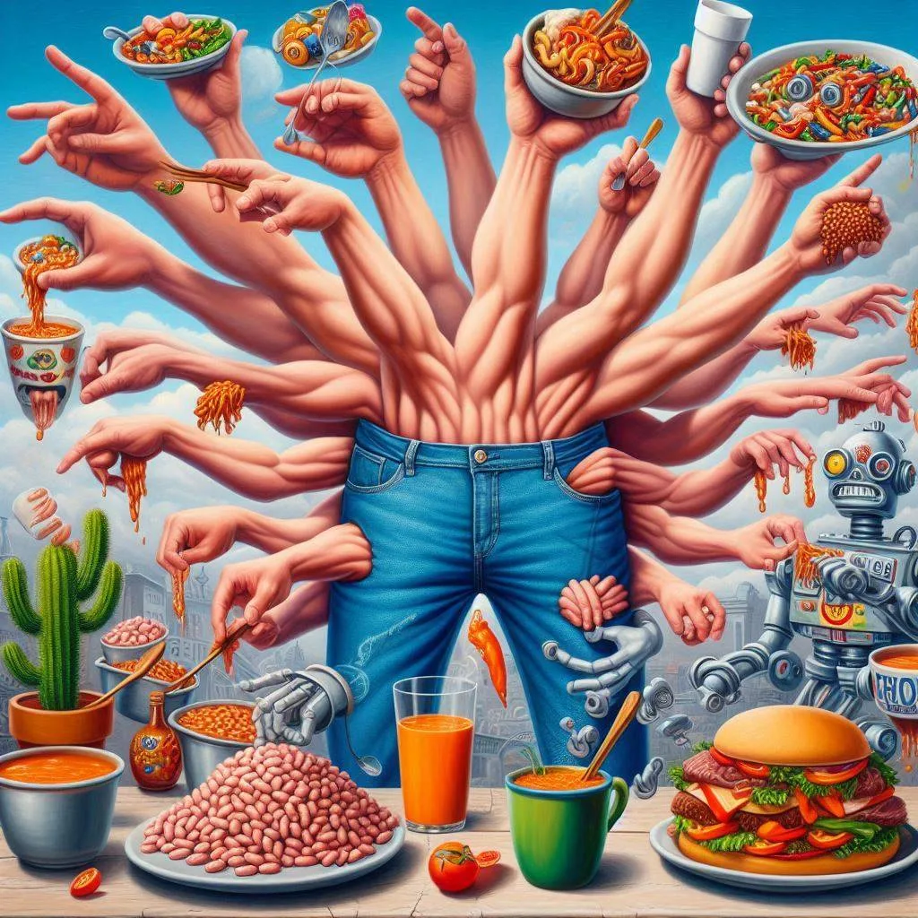 HANDS FEEDING A HUNGRY MONSTER'S GUT