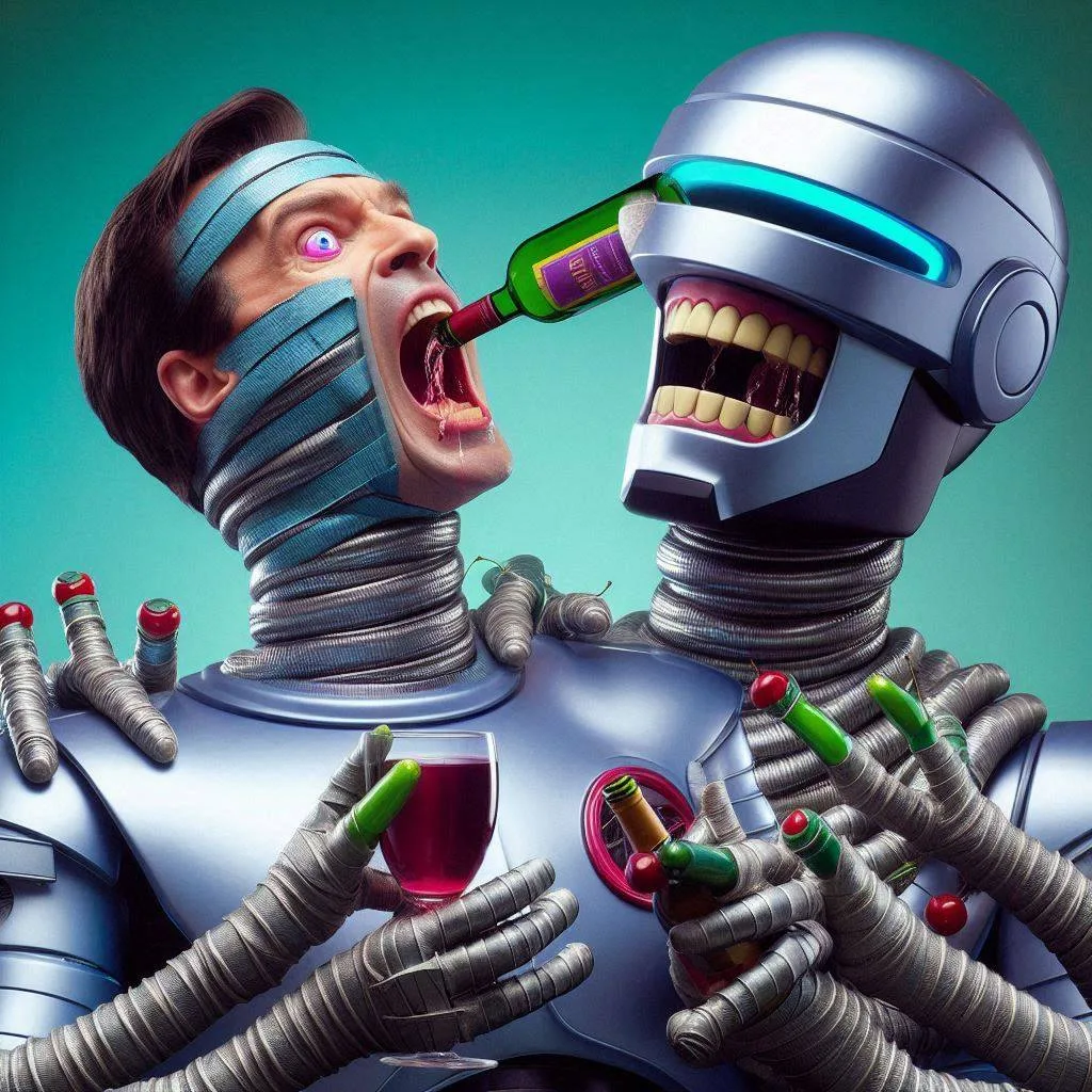 ROBOTS SHOVING BOOZE DOWN HUMAN THROATS