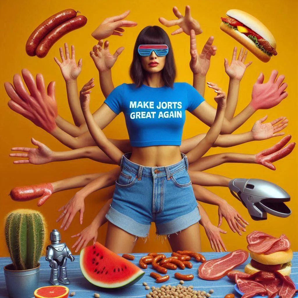 HANDS SHOVING FOOD INTO A JORTS BLACK HOLE