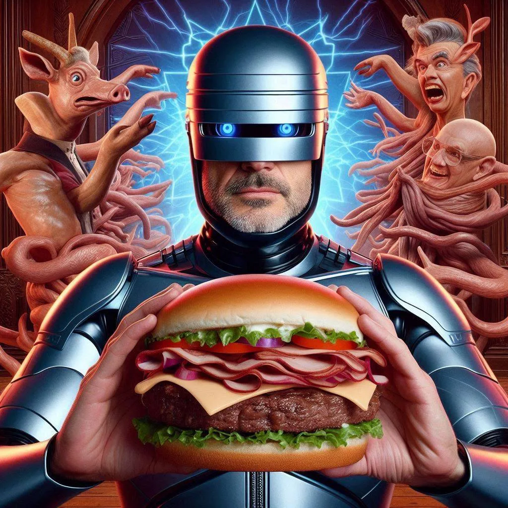 CYBORG CRADLING A MEATY ABOMINATION