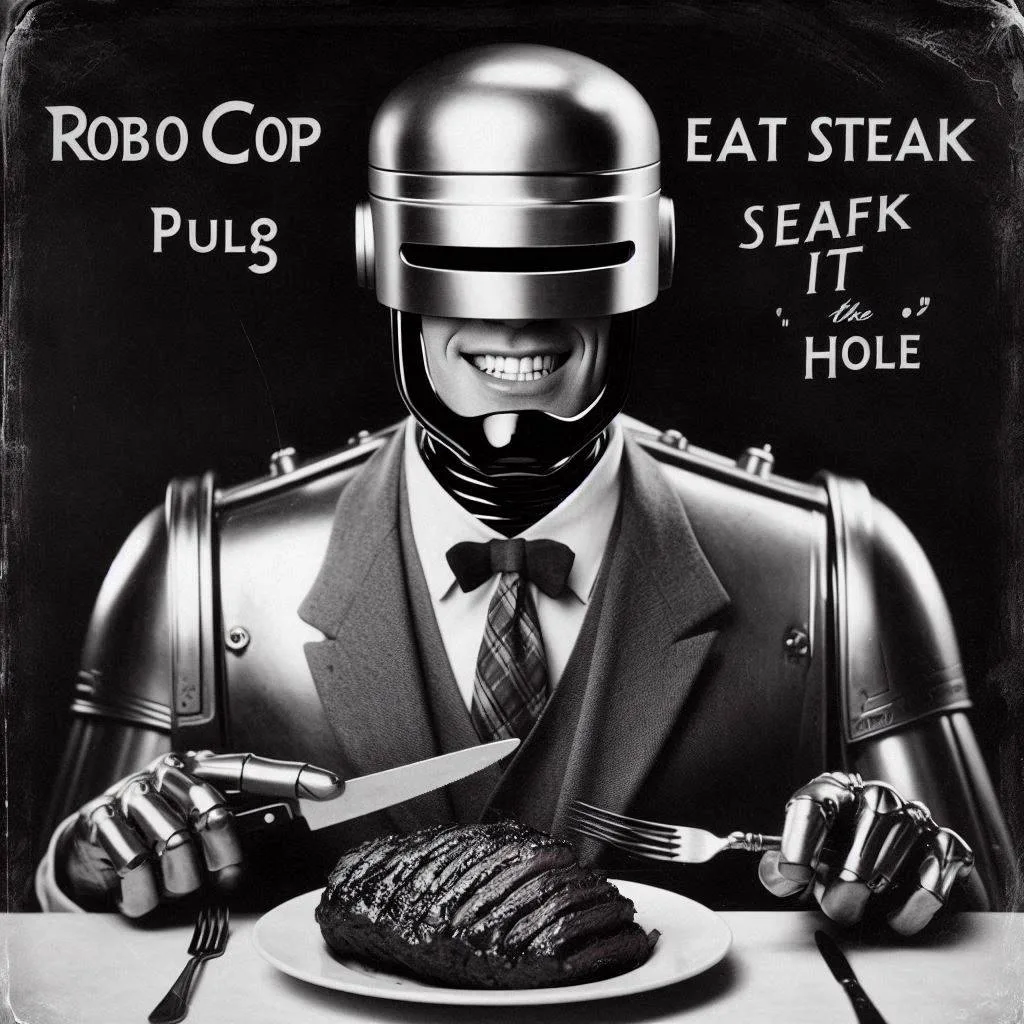 ROBOCOP SERVING MEAT ON A SILVER PLATTER