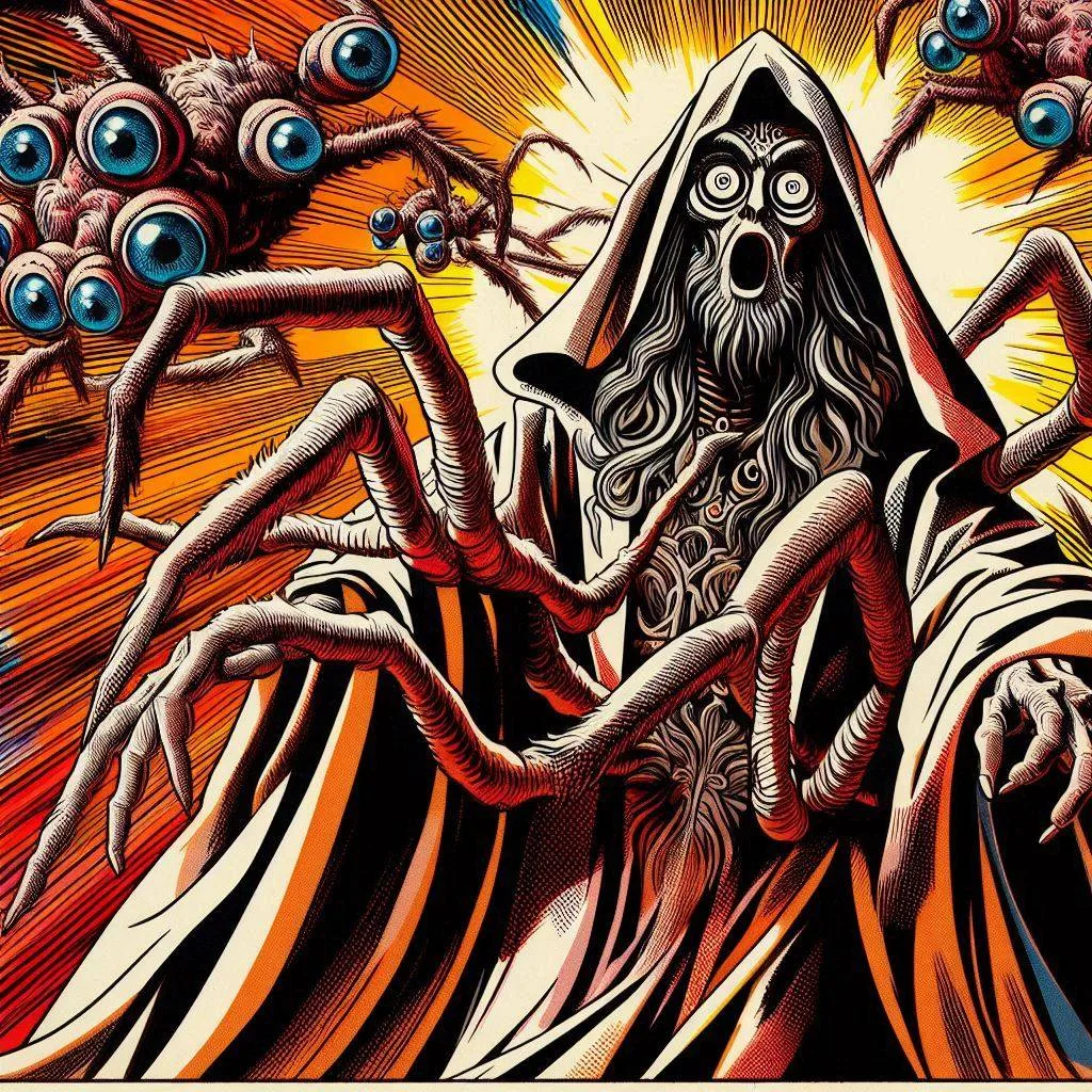 WIZARD WITH SPIDER ARMS SCREAMING IN TERROR