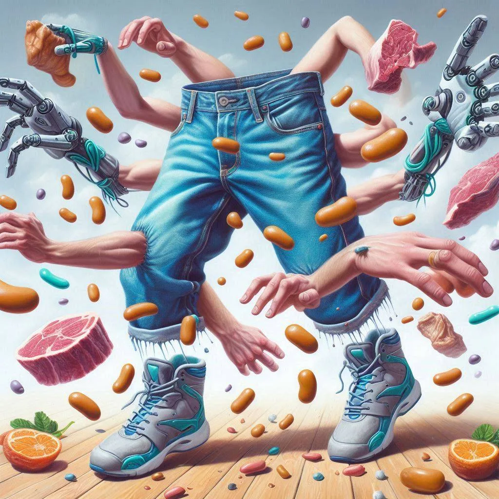 JEANS SPITTING OUT MEAT AND HANDS