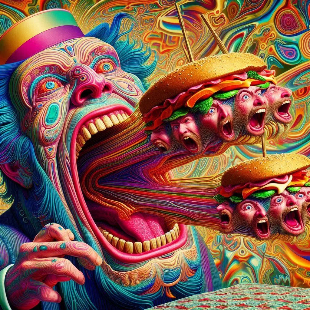 MOUTH SPITTING OUT BURGERS WITH SCREAMING FACES