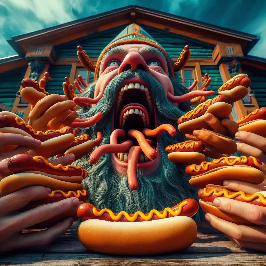 MAN EATING HIS OWN HOT DOGS IN DESPERATION